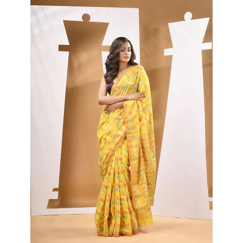 CHARUKRITI Yellow Cotton Blend Handloom Woven Saree with Unstitched Blouse