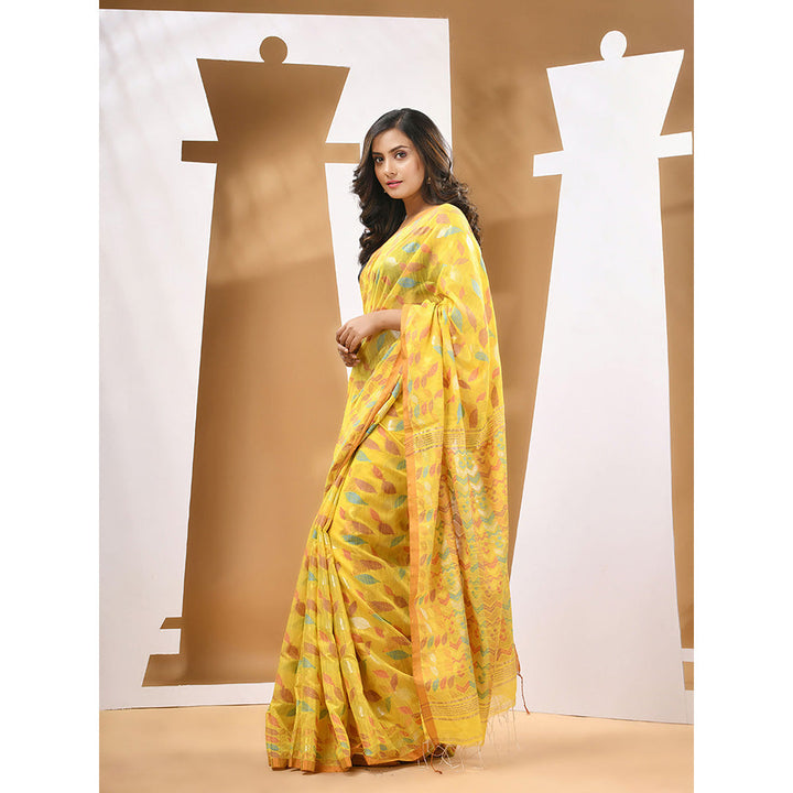 CHARUKRITI Yellow Cotton Blend Handloom Woven Saree with Unstitched Blouse