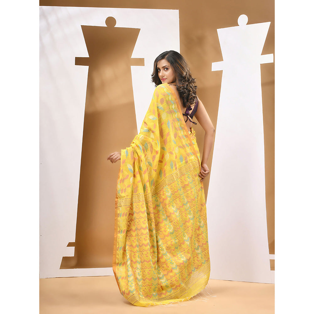 CHARUKRITI Yellow Cotton Blend Handloom Woven Saree with Unstitched Blouse