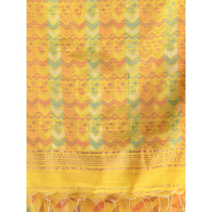 CHARUKRITI Yellow Cotton Blend Handloom Woven Saree with Unstitched Blouse