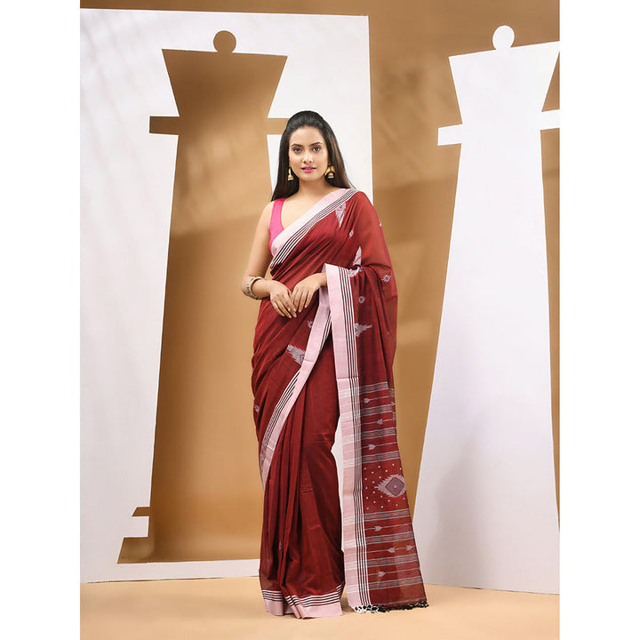 CHARUKRITI Dark Red Cotton Handloom Woven Saree with Unstitched Blouse