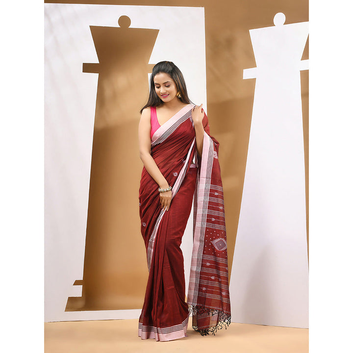 CHARUKRITI Dark Red Cotton Handloom Woven Saree with Unstitched Blouse