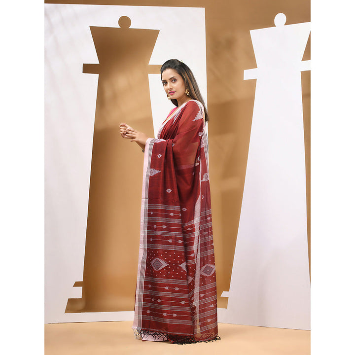 CHARUKRITI Dark Red Cotton Handloom Woven Saree with Unstitched Blouse