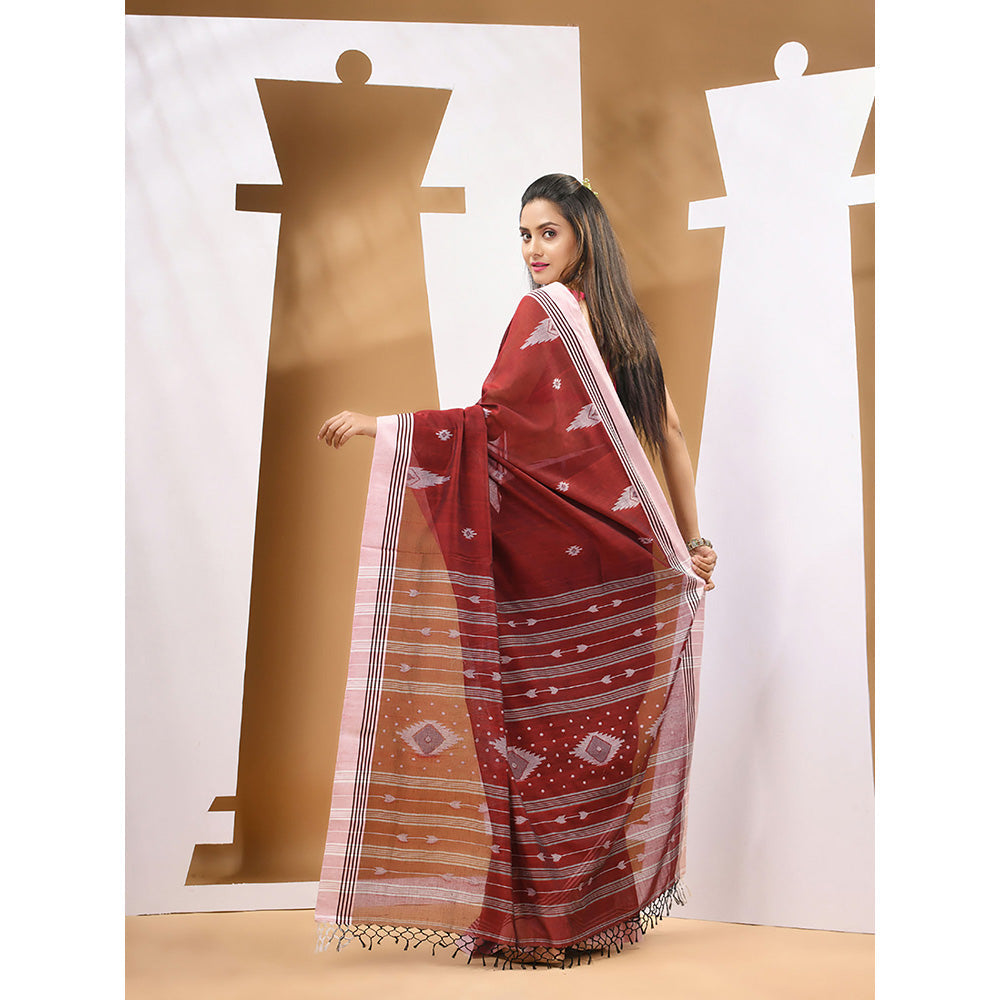 CHARUKRITI Dark Red Cotton Handloom Woven Saree with Unstitched Blouse