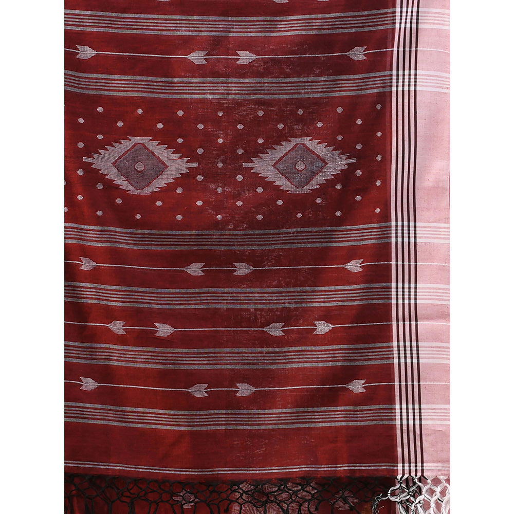 CHARUKRITI Dark Red Cotton Handloom Woven Saree with Unstitched Blouse