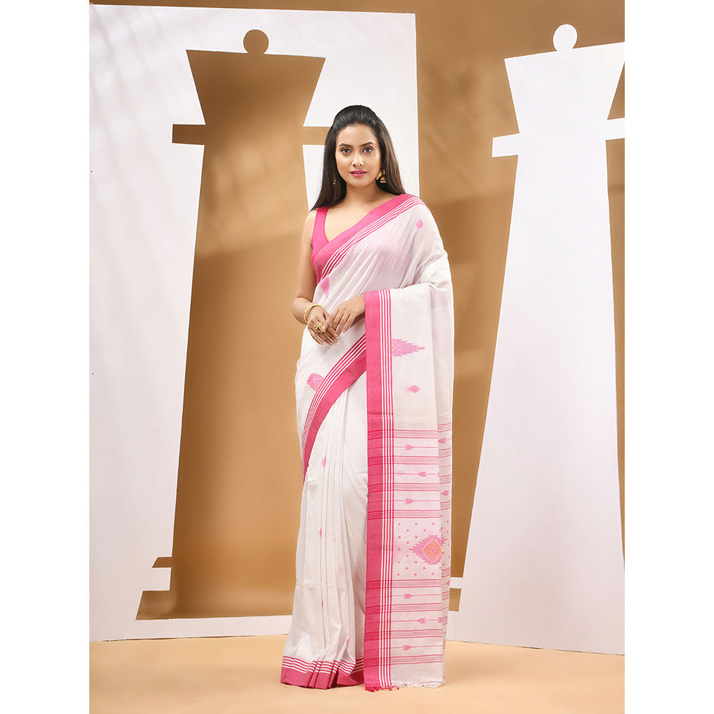 CHARUKRITI Baby White Cotton Handloom Woven Saree with Unstitched Blouse