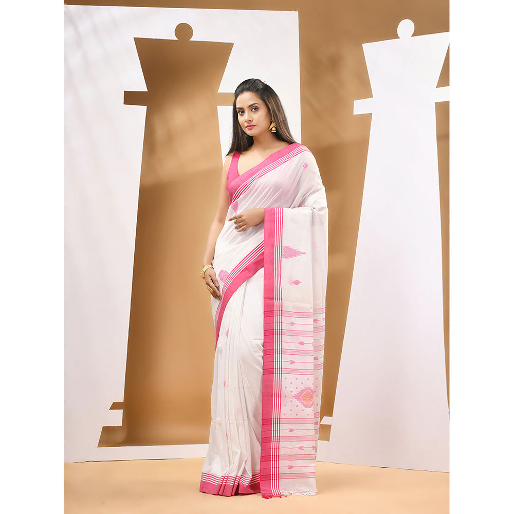 CHARUKRITI Baby White Cotton Handloom Woven Saree with Unstitched Blouse