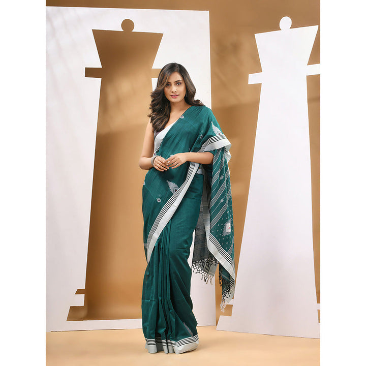 CHARUKRITI Teal Green Cotton Handloom Woven Saree with Unstitched Blouse