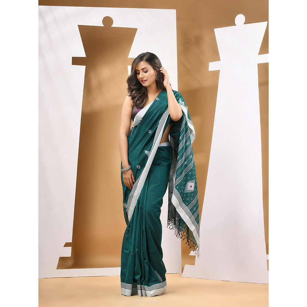 CHARUKRITI Teal Green Cotton Handloom Woven Saree with Unstitched Blouse