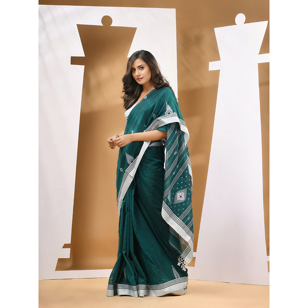 CHARUKRITI Teal Green Cotton Handloom Woven Saree with Unstitched Blouse