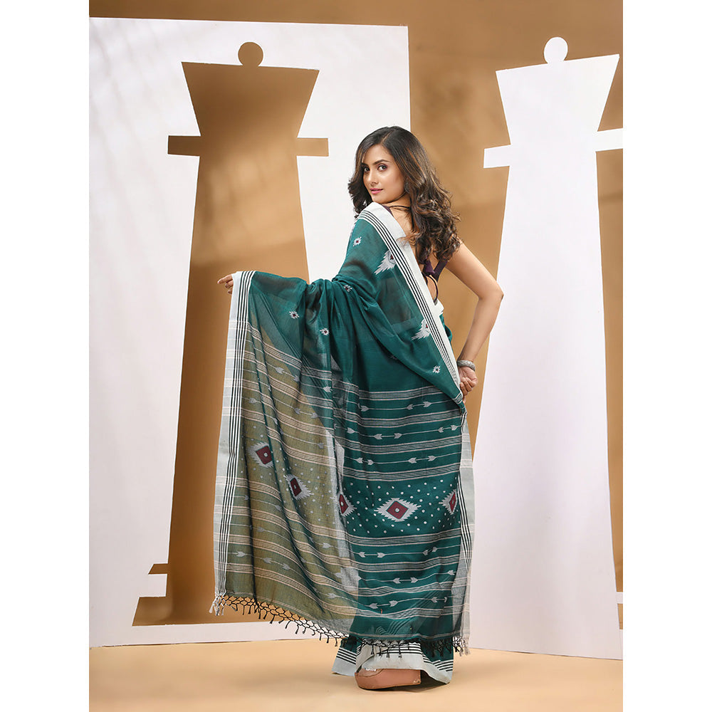 CHARUKRITI Teal Green Cotton Handloom Woven Saree with Unstitched Blouse