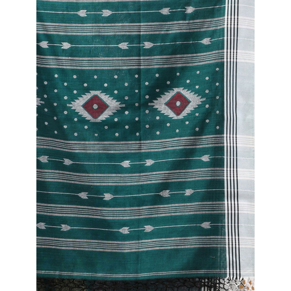 CHARUKRITI Teal Green Cotton Handloom Woven Saree with Unstitched Blouse