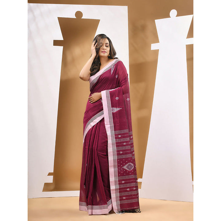 CHARUKRITI Magenta Cotton Handloom Woven Saree with Unstitched Blouse