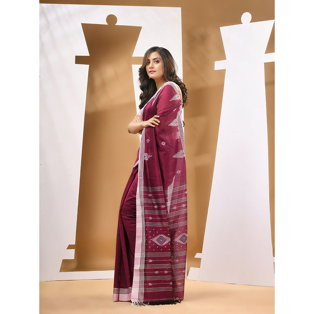 CHARUKRITI Magenta Cotton Handloom Woven Saree with Unstitched Blouse