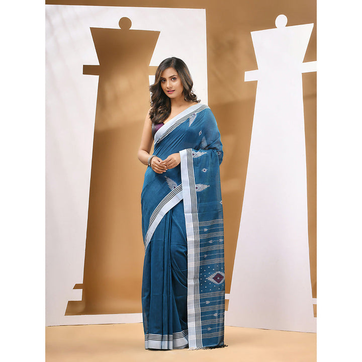 CHARUKRITI Teal Blue Cotton Handloom Woven Saree with Unstitched Blouse