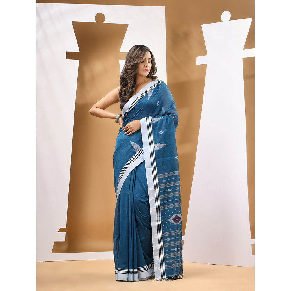 CHARUKRITI Teal Blue Cotton Handloom Woven Saree with Unstitched Blouse