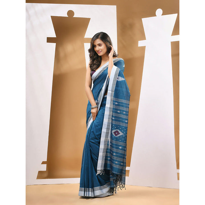 CHARUKRITI Teal Blue Cotton Handloom Woven Saree with Unstitched Blouse