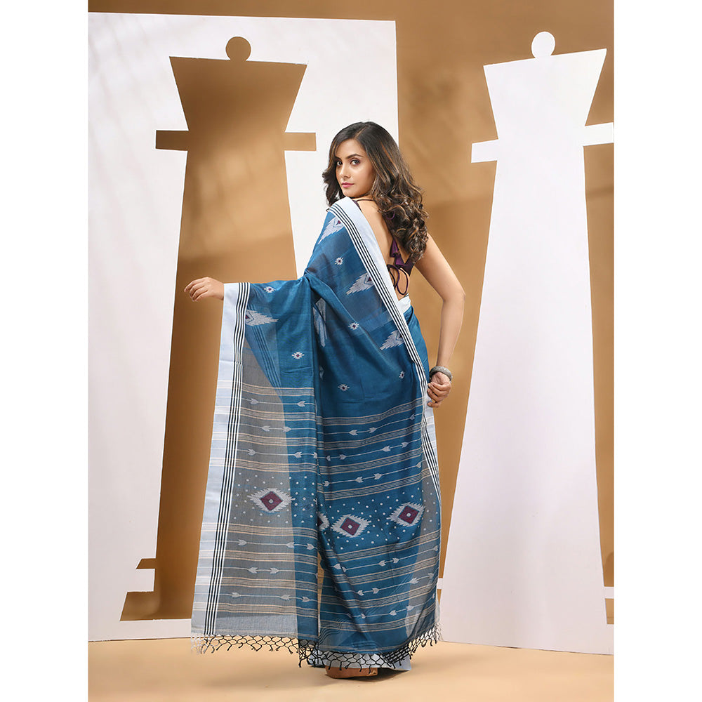 CHARUKRITI Teal Blue Cotton Handloom Woven Saree with Unstitched Blouse