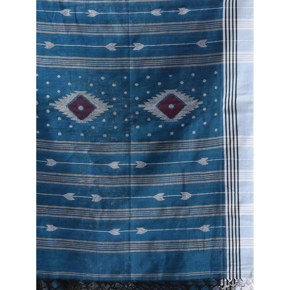 CHARUKRITI Teal Blue Cotton Handloom Woven Saree with Unstitched Blouse