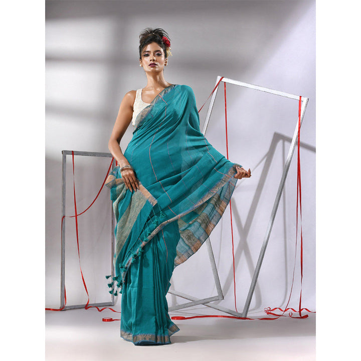 CHARUKRITI Teal Cotton Gheecha Pallu Saree with Unstitched Blouse