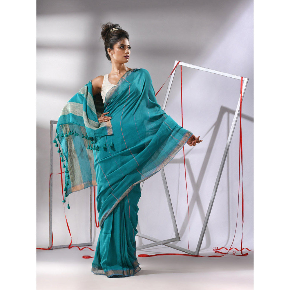 CHARUKRITI Teal Cotton Gheecha Pallu Saree with Unstitched Blouse