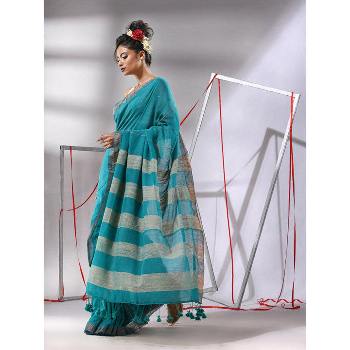 CHARUKRITI Teal Cotton Gheecha Pallu Saree with Unstitched Blouse