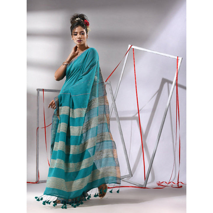 CHARUKRITI Teal Cotton Gheecha Pallu Saree with Unstitched Blouse