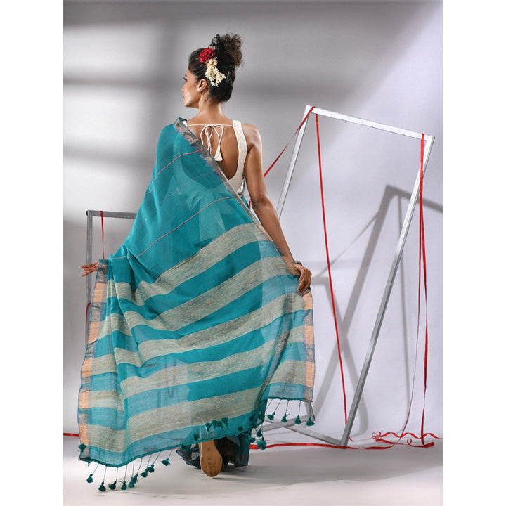 CHARUKRITI Teal Cotton Gheecha Pallu Saree with Unstitched Blouse