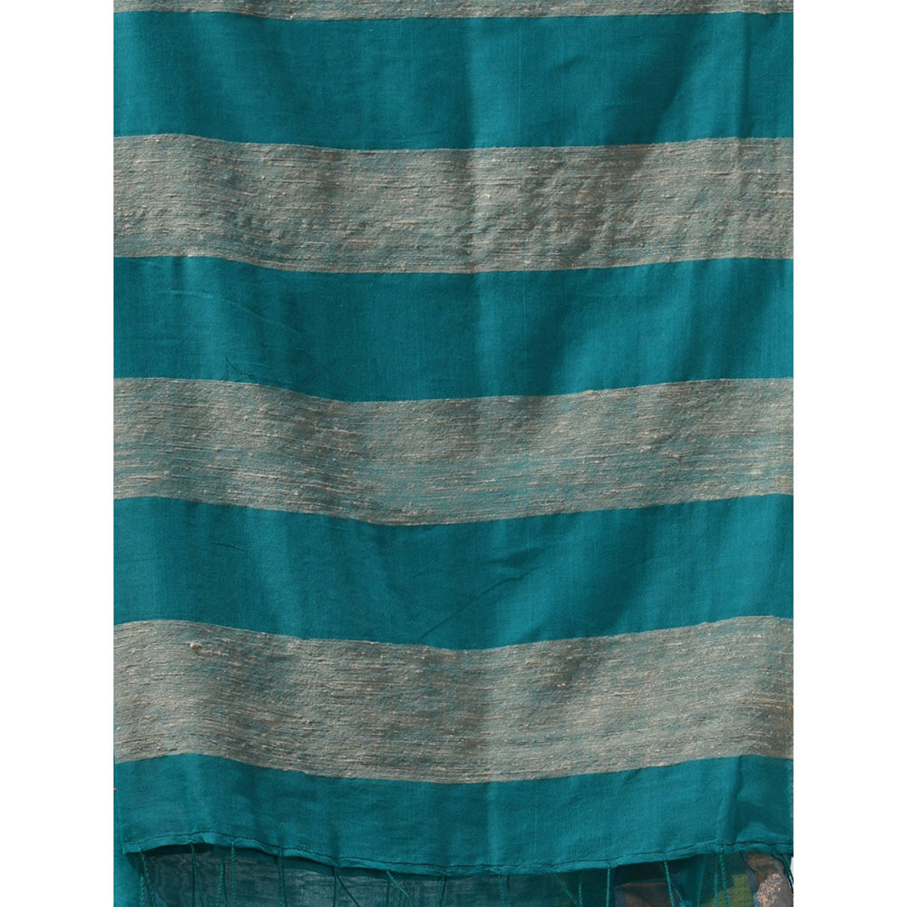 CHARUKRITI Teal Cotton Gheecha Pallu Saree with Unstitched Blouse