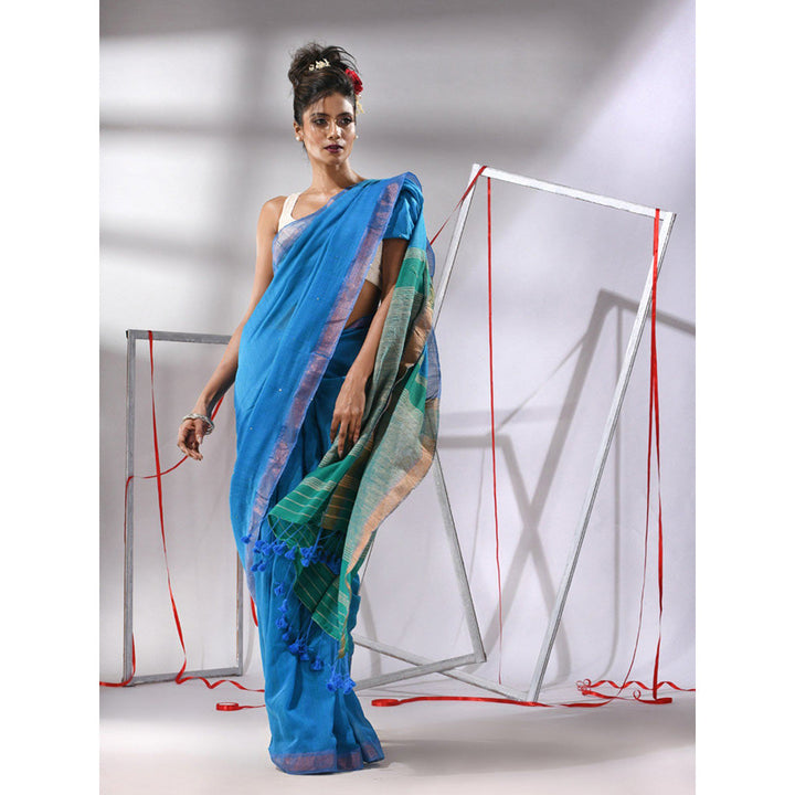 CHARUKRITI Sapphire Blue Cotton Sequined Work Saree with Unstitched Blouse