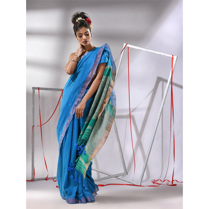 CHARUKRITI Sapphire Blue Cotton Sequined Work Saree with Unstitched Blouse