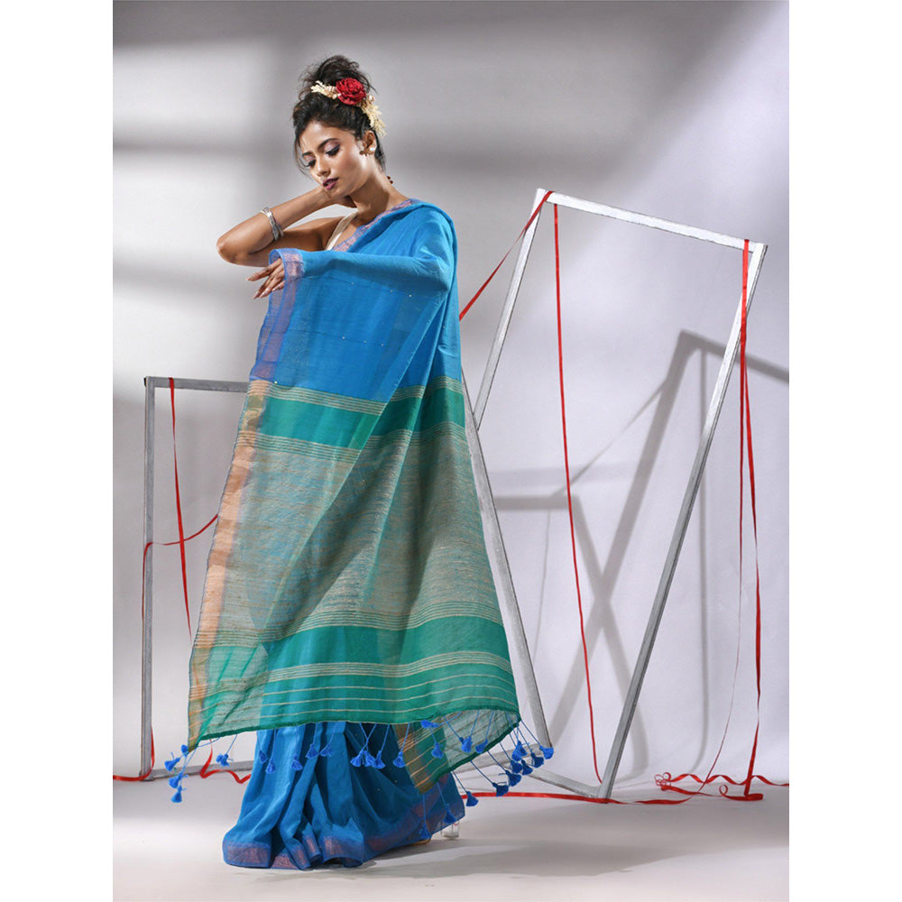 CHARUKRITI Sapphire Blue Cotton Sequined Work Saree with Unstitched Blouse