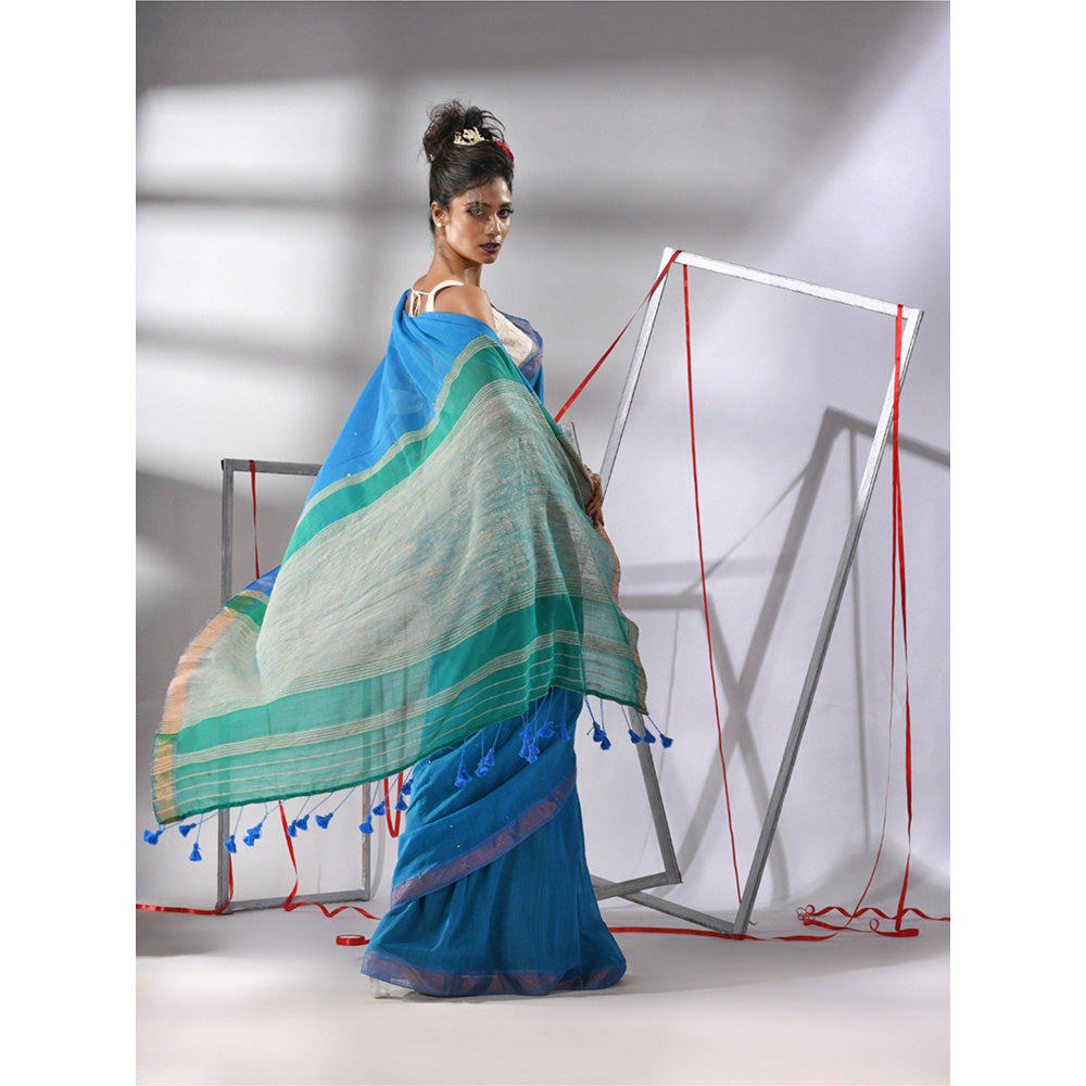 CHARUKRITI Sapphire Blue Cotton Sequined Work Saree with Unstitched Blouse