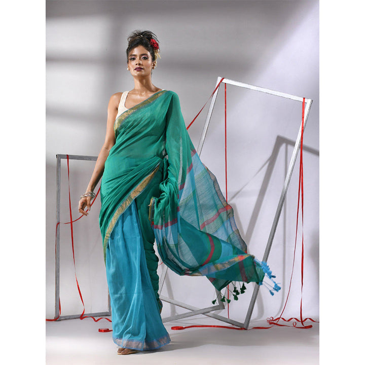 CHARUKRITI Teal Patli Pallu Cotton Zari Borders Saree with Unstitched Blouse