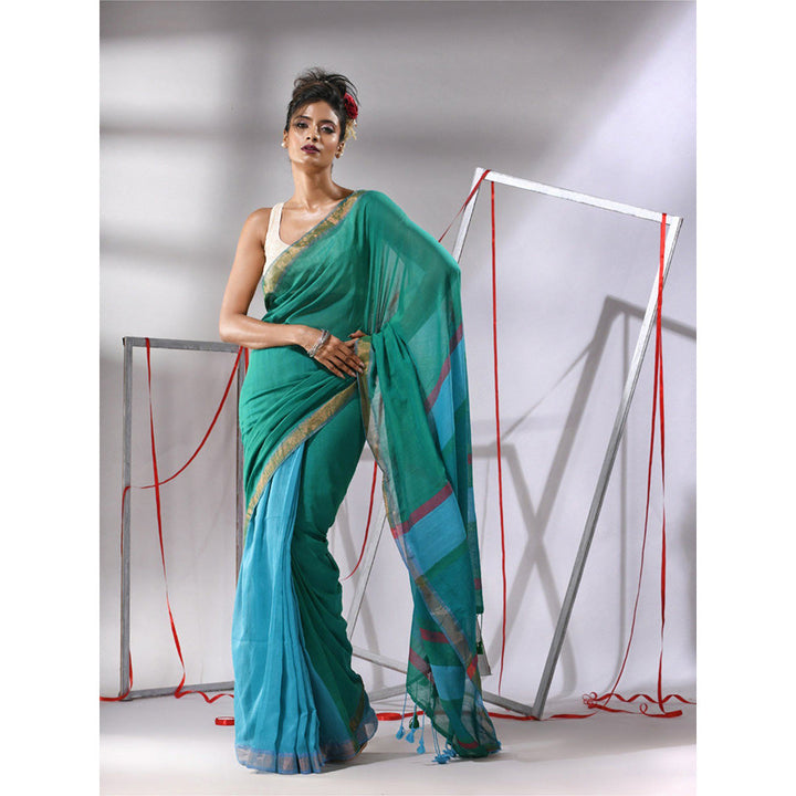 CHARUKRITI Teal Patli Pallu Cotton Zari Borders Saree with Unstitched Blouse