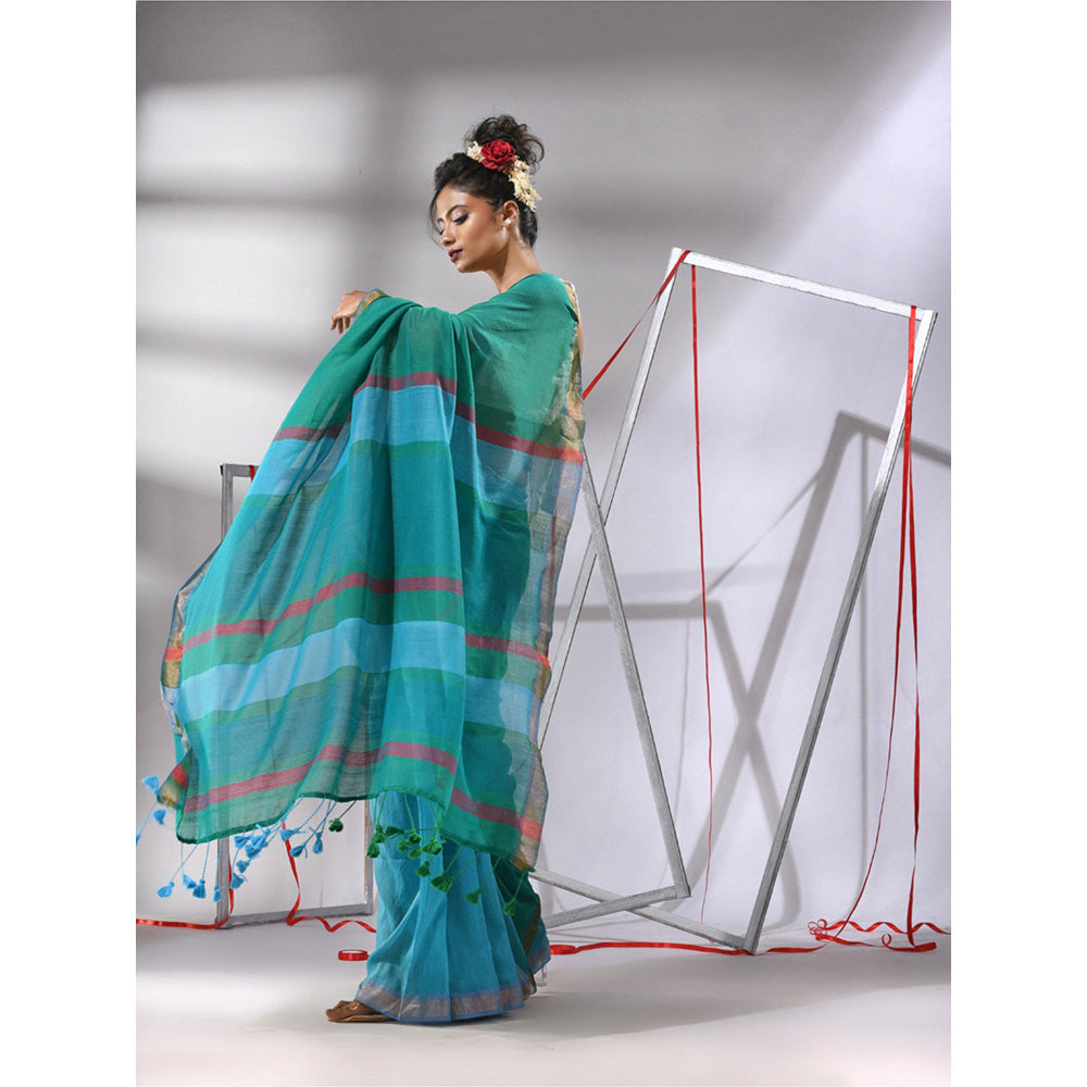 CHARUKRITI Teal Patli Pallu Cotton Zari Borders Saree with Unstitched Blouse