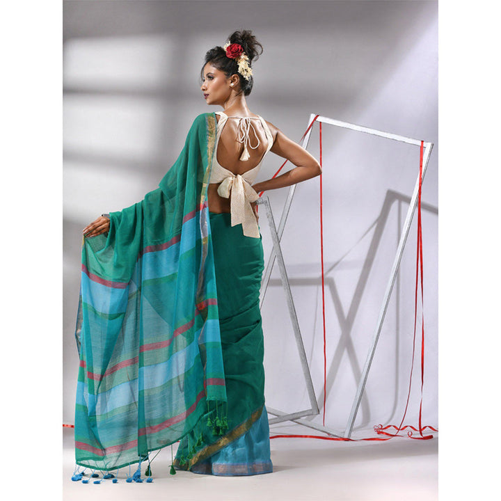 CHARUKRITI Teal Patli Pallu Cotton Zari Borders Saree with Unstitched Blouse