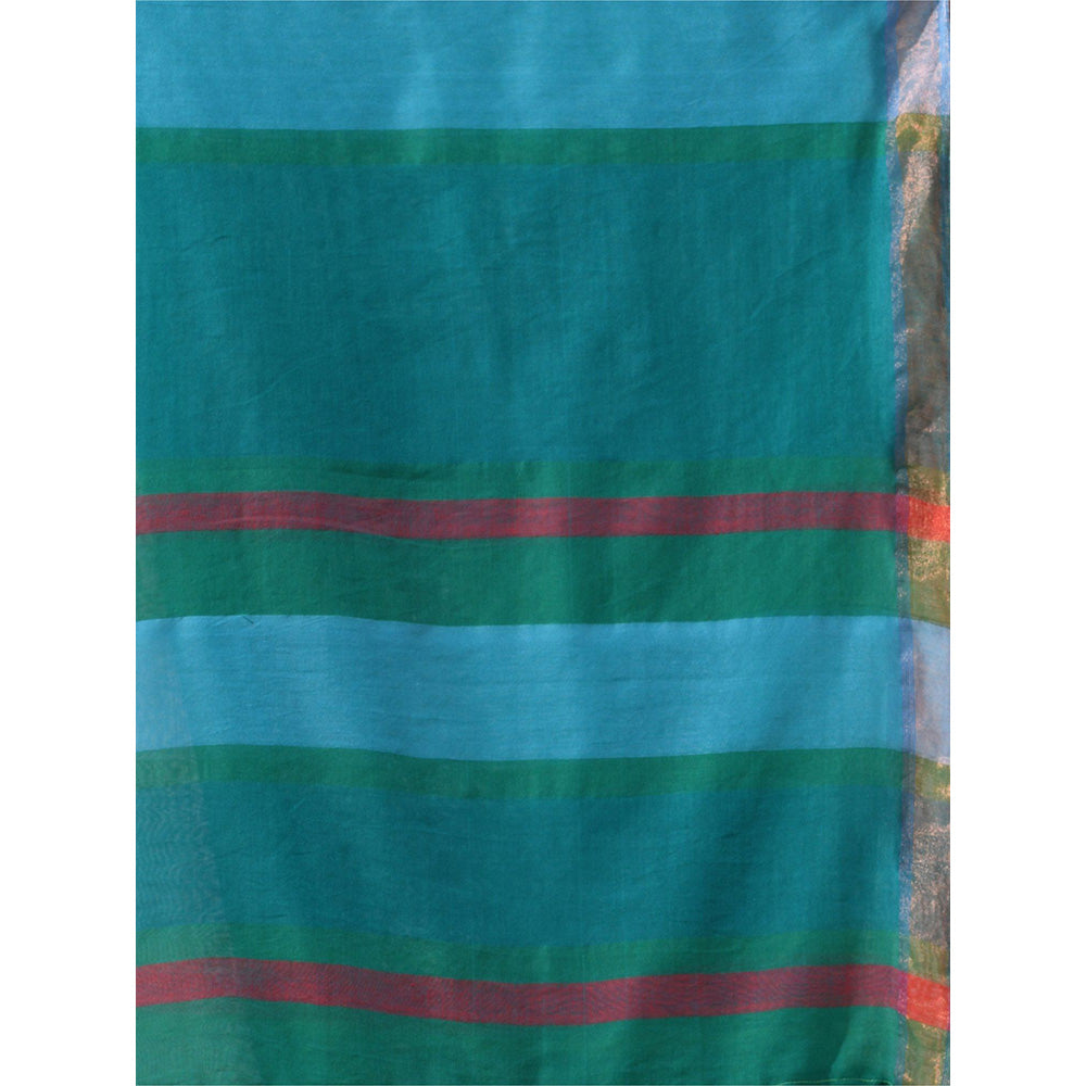 CHARUKRITI Teal Patli Pallu Cotton Zari Borders Saree with Unstitched Blouse