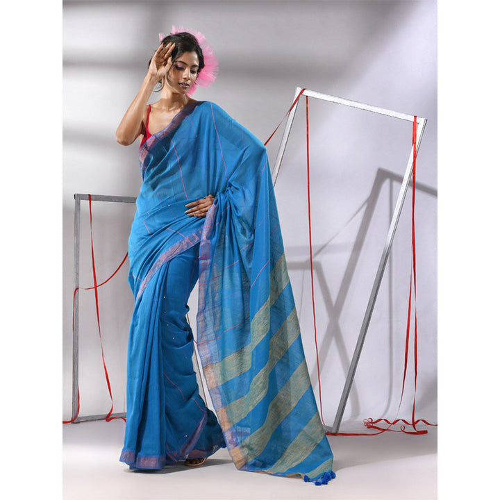 CHARUKRITI Blue Cotton Sequined Work Saree with Unstitched Blouse