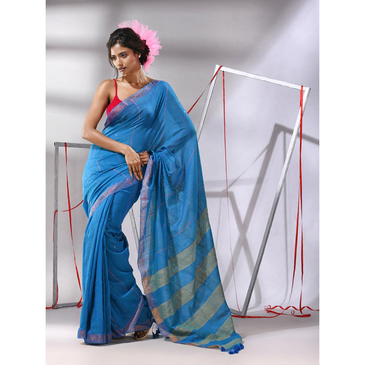 CHARUKRITI Blue Cotton Sequined Work Saree with Unstitched Blouse