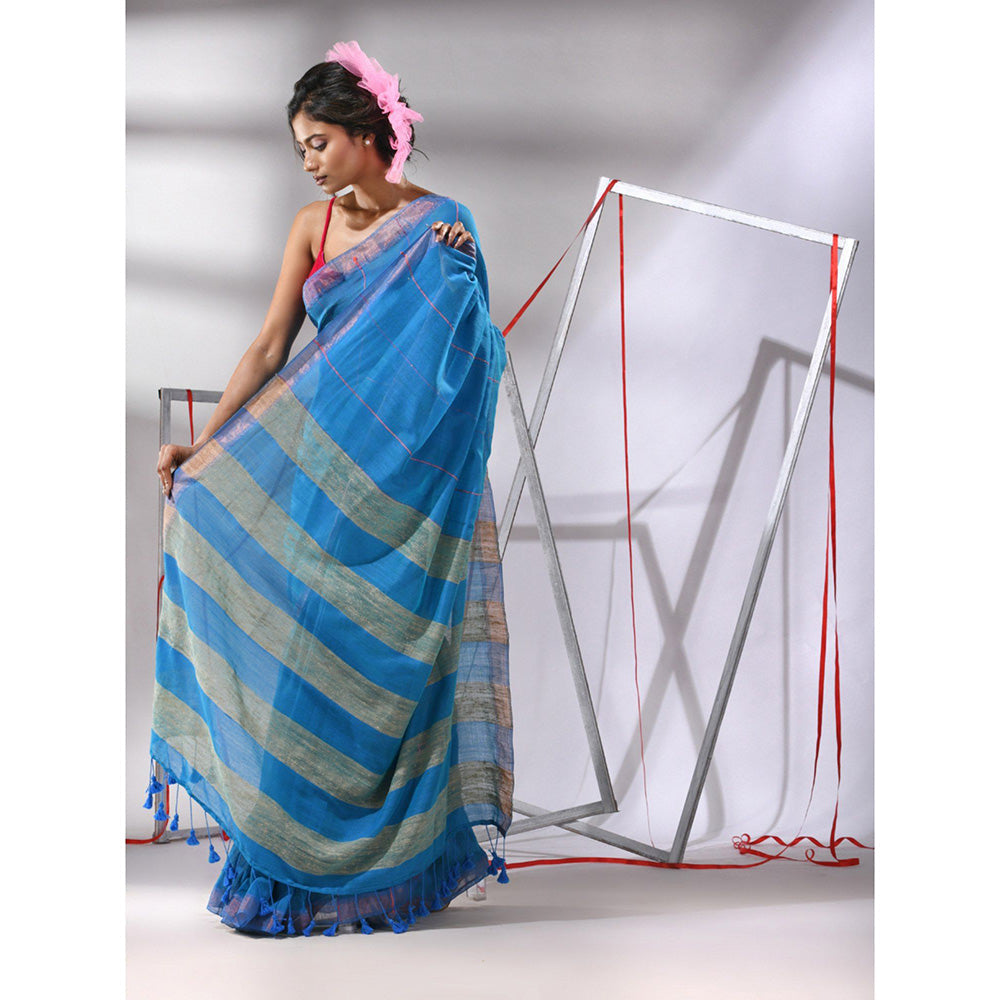 CHARUKRITI Blue Cotton Sequined Work Saree with Unstitched Blouse