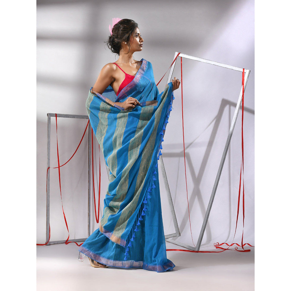 CHARUKRITI Blue Cotton Sequined Work Saree with Unstitched Blouse