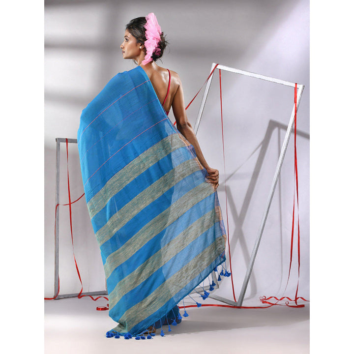 CHARUKRITI Blue Cotton Sequined Work Saree with Unstitched Blouse