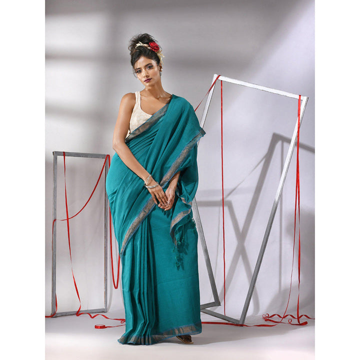 CHARUKRITI Teal Cotton Zari Border Saree with Unstitched Blouse