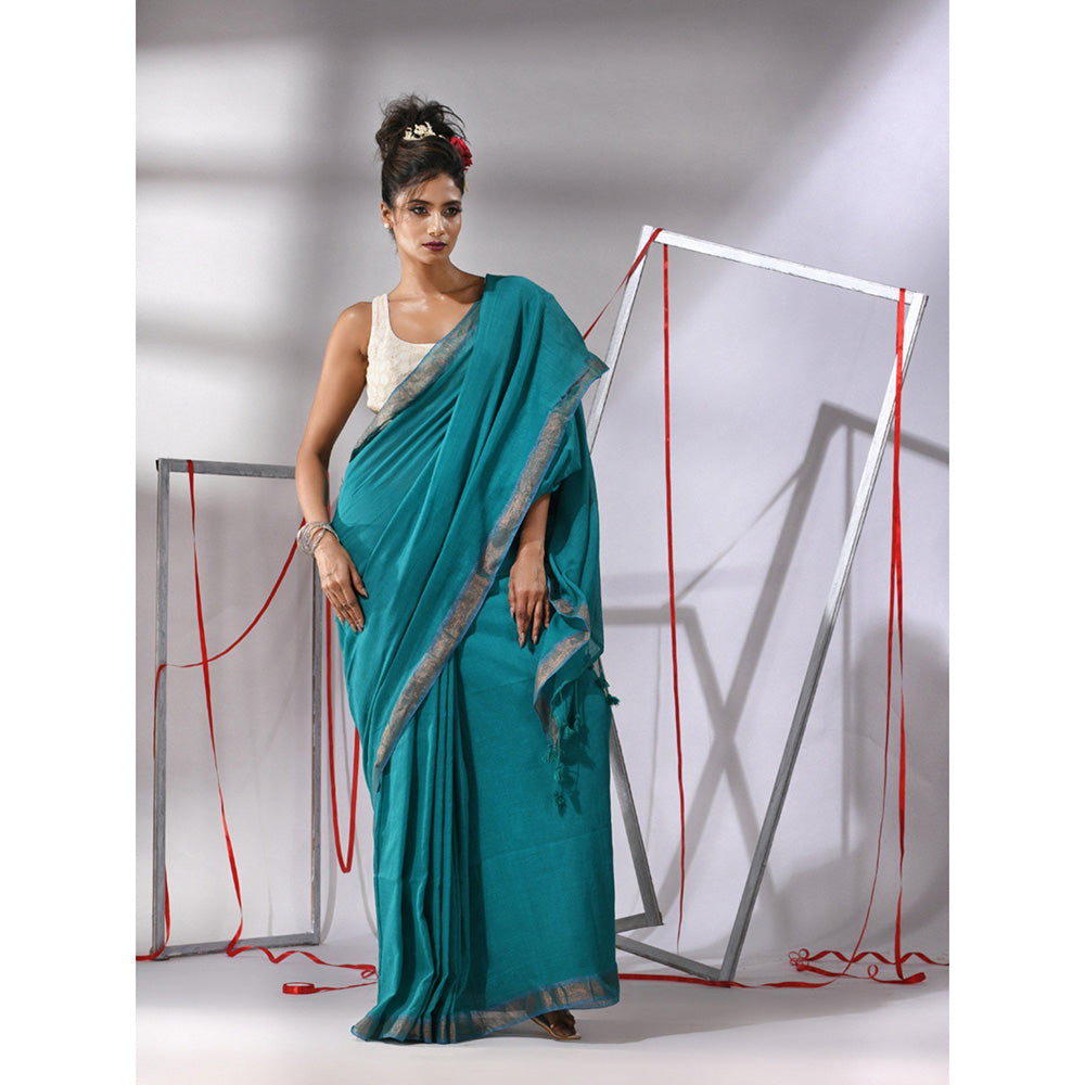 CHARUKRITI Teal Cotton Zari Border Saree with Unstitched Blouse