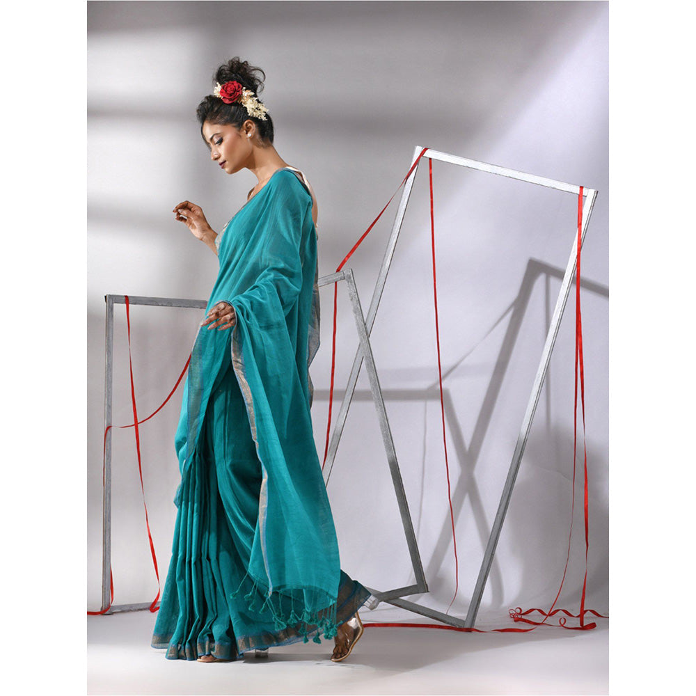 CHARUKRITI Teal Cotton Zari Border Saree with Unstitched Blouse