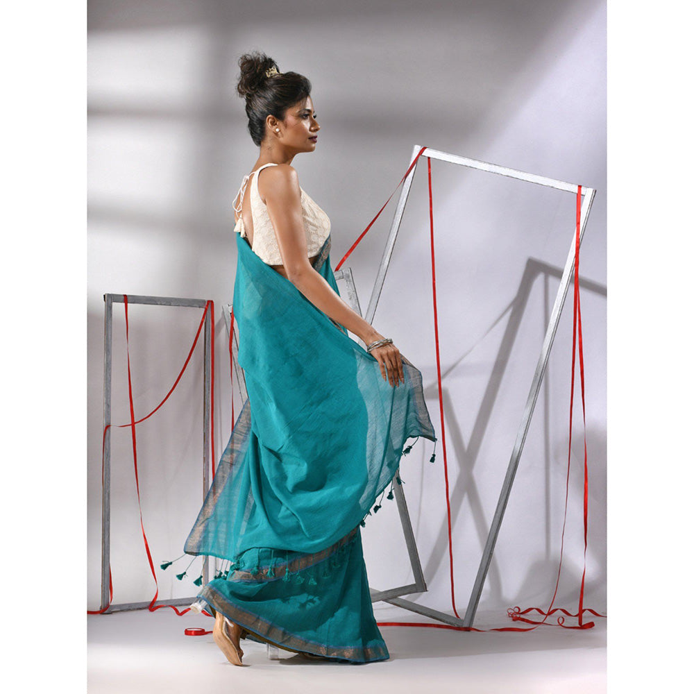 CHARUKRITI Teal Cotton Zari Border Saree with Unstitched Blouse