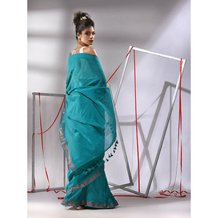 CHARUKRITI Teal Cotton Zari Border Saree with Unstitched Blouse