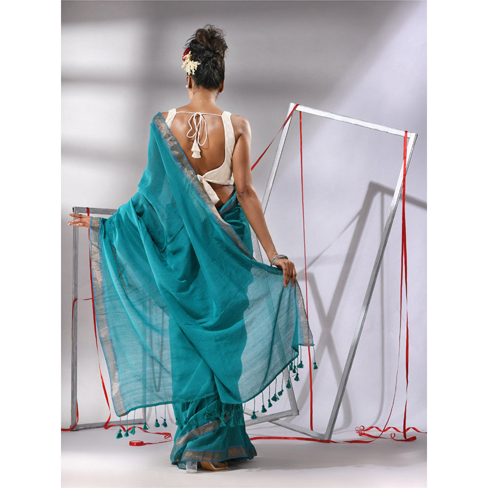 CHARUKRITI Teal Cotton Zari Border Saree with Unstitched Blouse