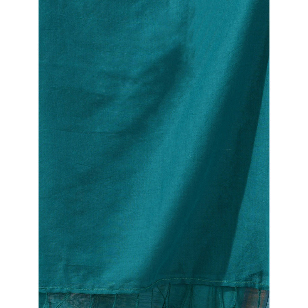 CHARUKRITI Teal Cotton Zari Border Saree with Unstitched Blouse